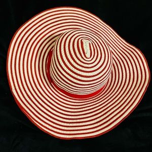 Red and Cream Wide Brim Straw Hat